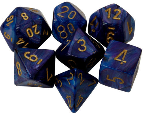 7CT LUSTROUS POLY DICE SET, PURPLE/GOLD