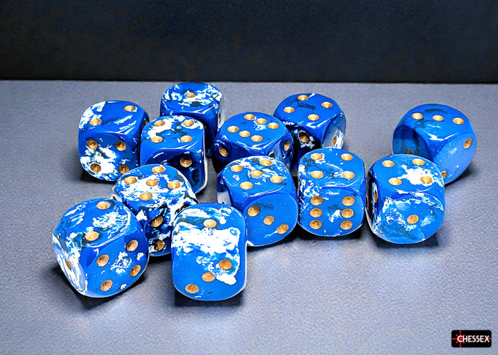 Set of 12 16mm D6 Dice - Brush Wavebreak/gold
