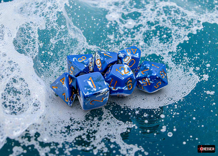 Set of 7 Polyhedral Dice - Brush Wavebreak/gold