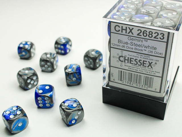 Gemini Blue-Steel/white 12mm d6 Dice Block (36 dice)