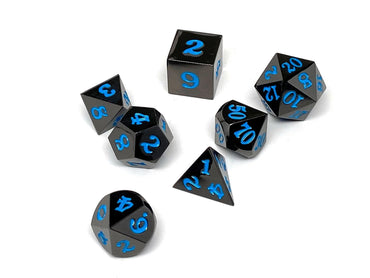 Easy Roller Metal Dice - Gun Metal with Blue Font 7 Piece Set