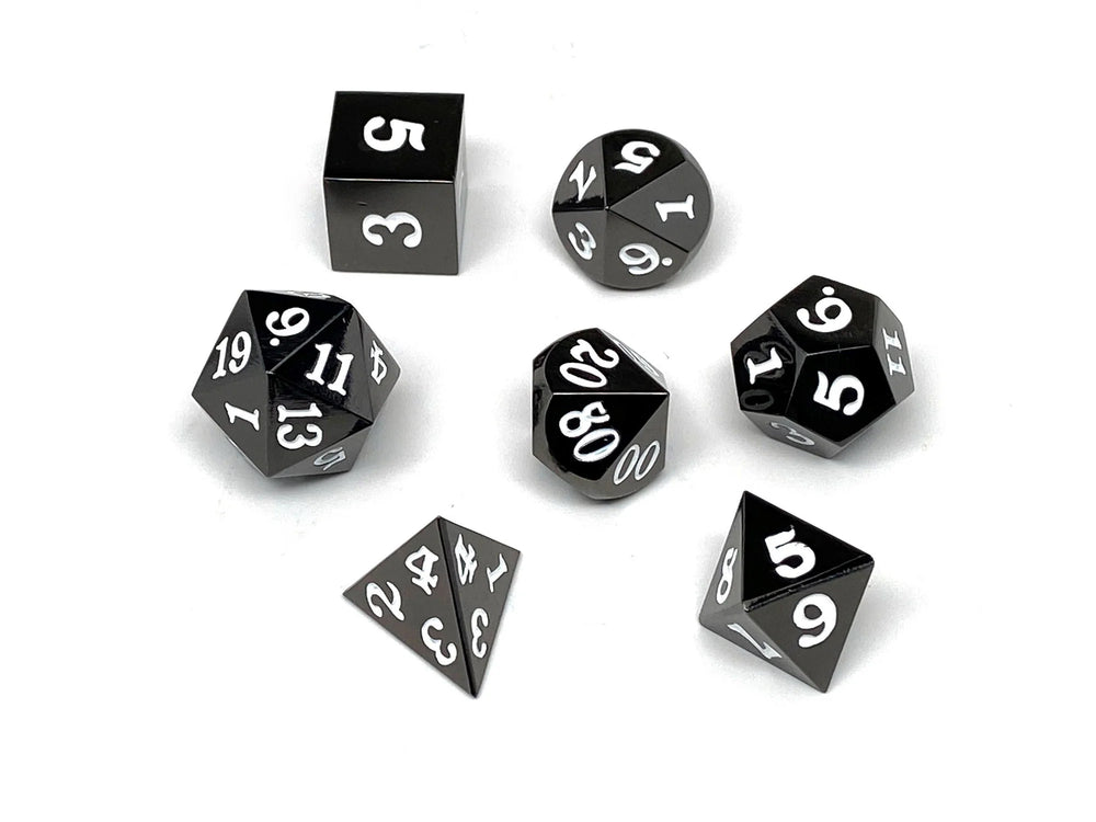 Easy Roller Metal Dice - Gun Metal with White Font 7 Piece Set