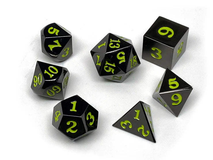 Easy Roller Metal Dice - Gun Metal with Lime Signature Font 7 Piece Set