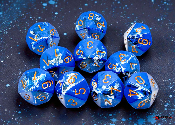 Set of Ten d10 Dice - Brush Wavebreak/gold