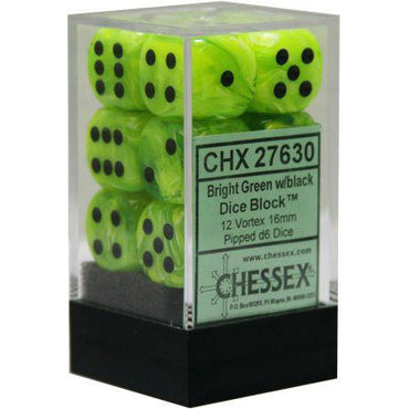 D6 -- 16MM VORTEX DICE, BRIGHT GREEN/BLACK, 12CT