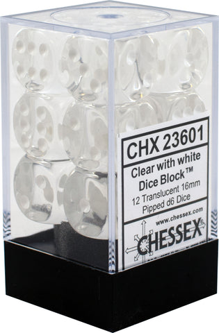 D6 -- 16MM TRANSLUCENT DICE, CLEAR/WHITE; 12CT