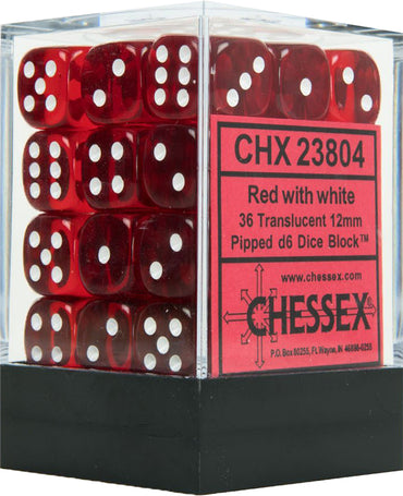 D6 -- 12MM TRANSLUCENT DICE, RED/WHITE; 36CT