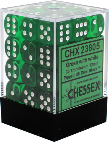 D6 -- 12MM TRANSLUCENT DICE, GREEN/WHITE; 36CT