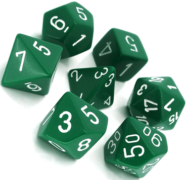 7CT OPAQUE POLY GREEN/WHITE DICE SET