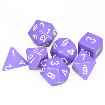 7CT OPAQUE POLY PURPLE/WHITE DICE SET