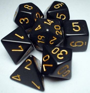 7CT OPAQUE POLY BLACK/GOLD DICE SET