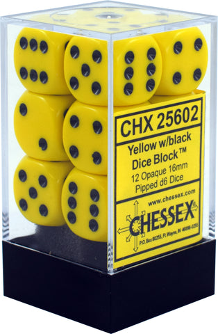 D6 -- 16MM OPAQUE DICE, YELLOW/ BLACK, 12CT