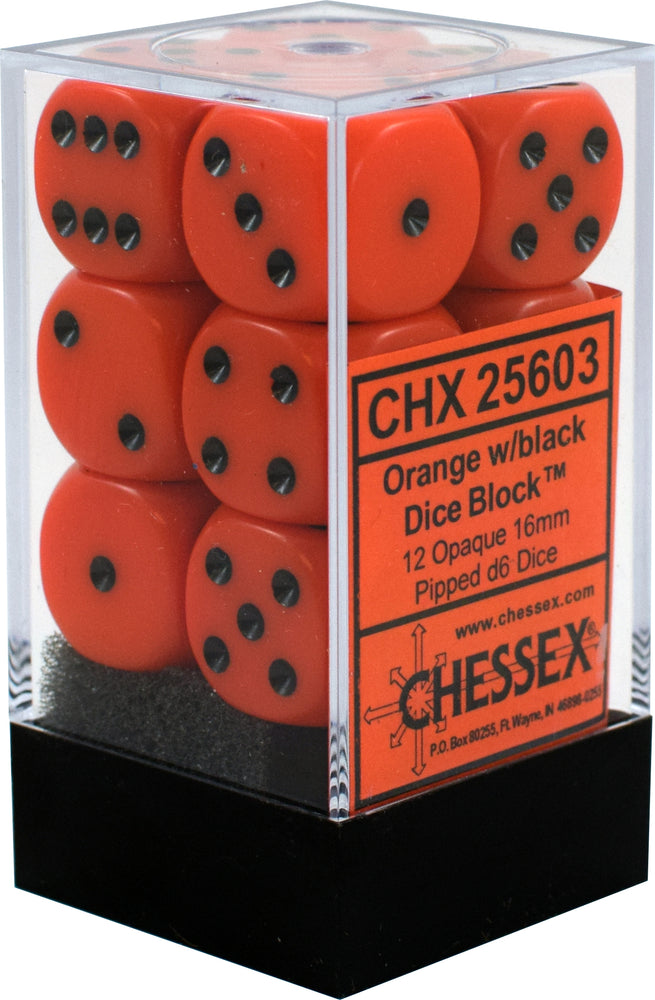 D6 -- 16MM OPAQUE DICE, ORANGE/ BLACK, 12CT