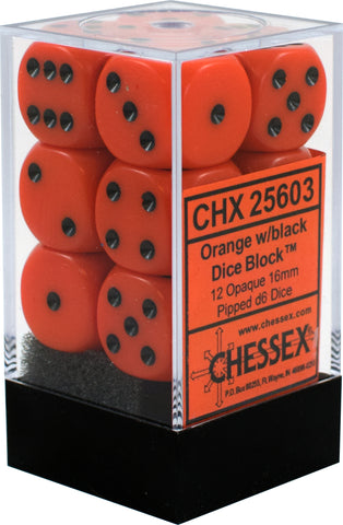 D6 -- 16MM OPAQUE DICE, ORANGE/ BLACK, 12CT