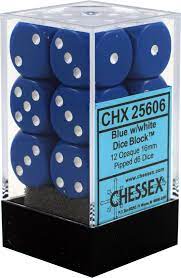 D6 -- 16MM OPAQUE DICE, BLUE/WHITE, 12CT