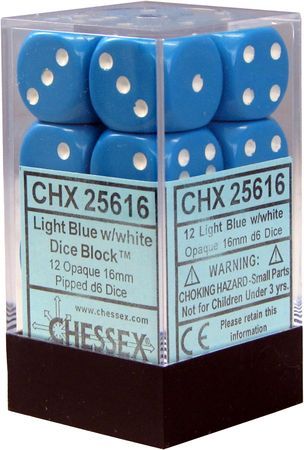 D6 -- 16MM OPAQUE DICE, LIGHT BLUE/WHITE, 12CT