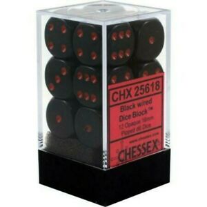 D6 -- 16MM OPAQUE DICE, BLACK/RED, 12CT