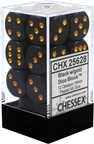 D6 -- 16MM OPAQUE DICE, BLACK/GOLD, 12CT