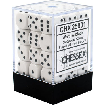 D6 -- 12MM OPAQUE DICE, WHITE/BLACK, 36CT