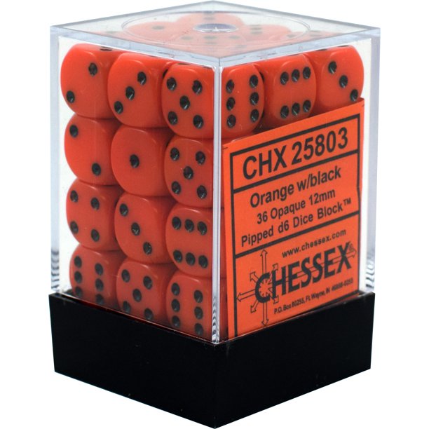 D6 -- 12MM OPAQUE DICE, ORANGE/BLACK, 36CT