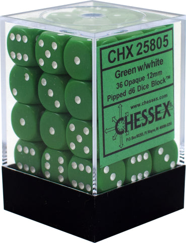 D6 -- 12MM OPAQUE DICE, GREEN/WHITE, 36CT