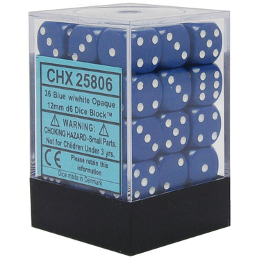 D6 -- 12MM OPAQUE DICE, BLUE/WHITE, 36CT