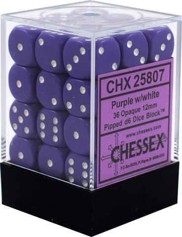 D6 -- 12MM OPAQUE DICE, PURPLE/WHITE, 36CT