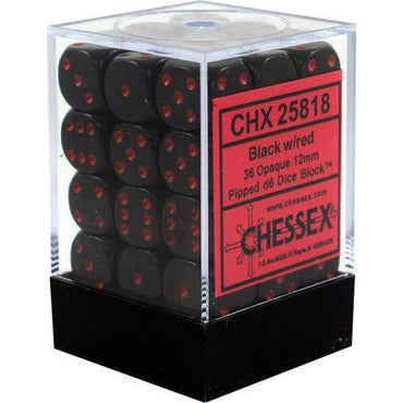 D6 -- 12MM OPAQUE DICE, BLACK/RED, 36CT
