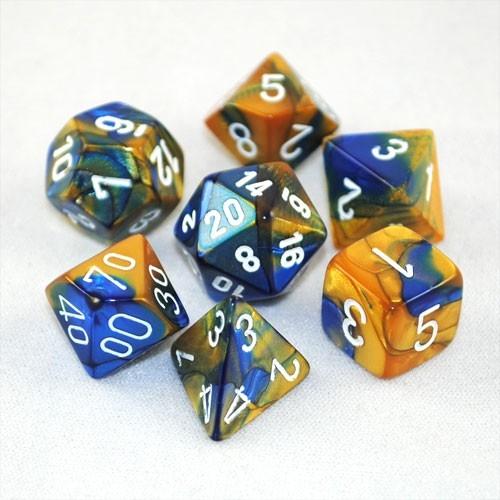 7CT GEMINI BLUE-GOLD W/WHITE DICE SET