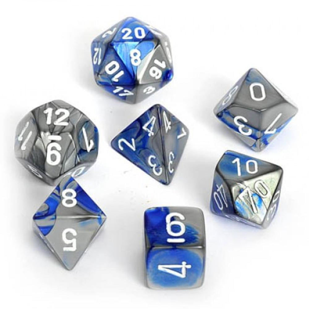 7CT GEMINI BLUE-STEEL W/WHITE DICE SET