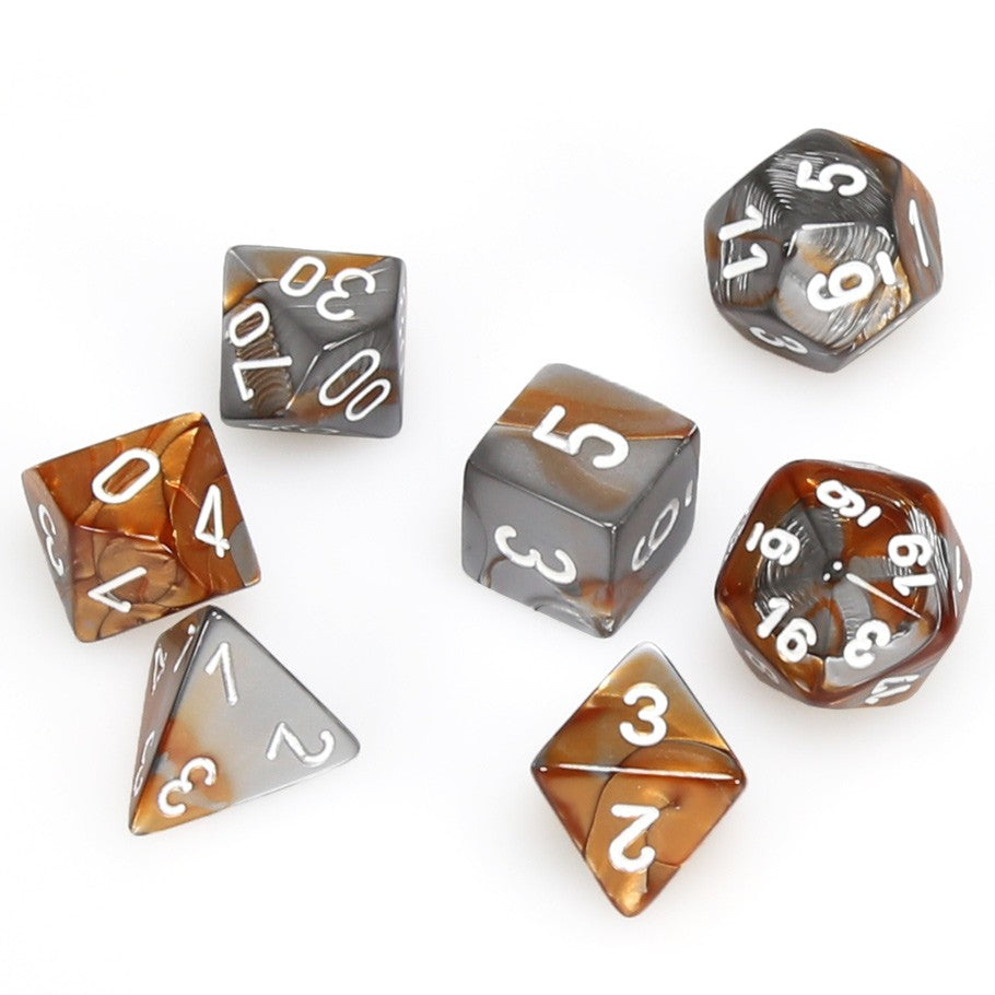 7CT GEMINI COPPER-STEEL W/WHITE DICE SET