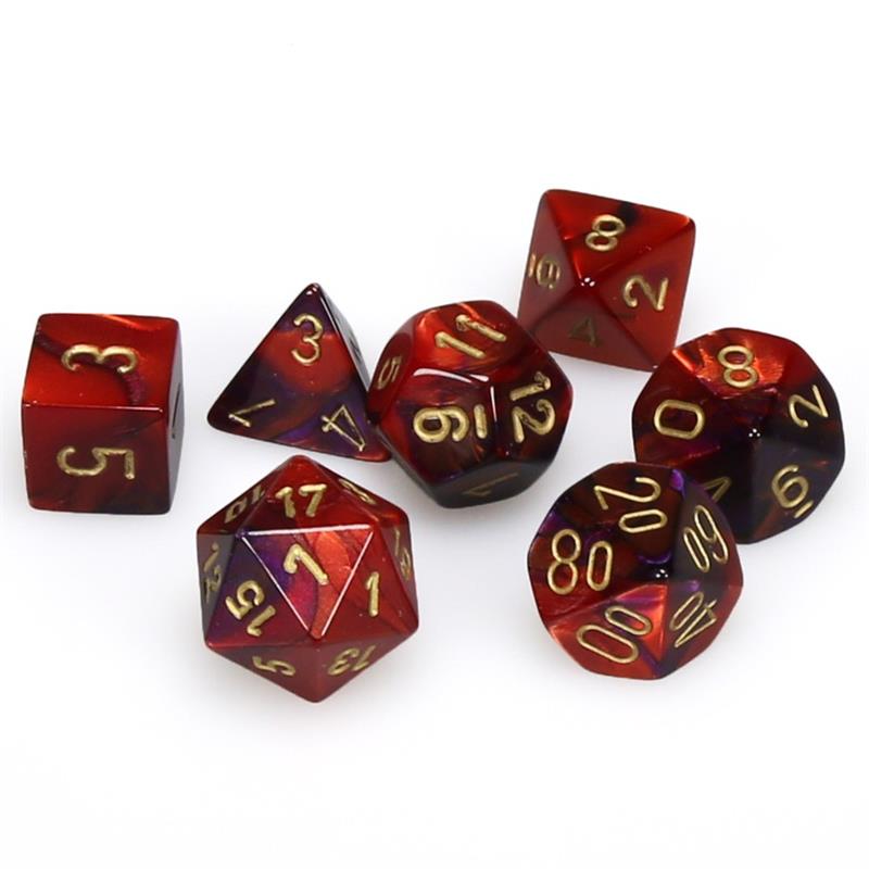 7CT GEMINI PURPLE-RED W/GOLD DICE SET
