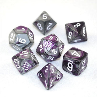 7CT GEMINI PURPLE-STEEL W/WHITE DICE SET