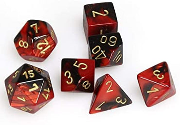 7CT GEMINI BLACK-RED W/GOLD DICE SET