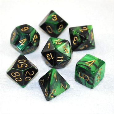 7CT GEMINI BLACK-GREEN W/GOLD DICE SET