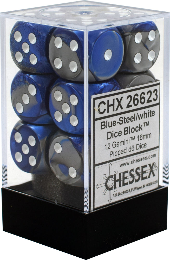 D6 -- 16MM GEMINI DICE, BLUE-STEEL/WHITE; 12CT