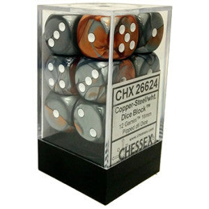 D6 -- 16MM GEMINI DICE, COPPER-STEEL/WHITE; 12CT