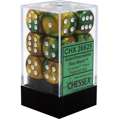 D6 -- 16MM GEMINI DICE, GOLD-GREEN/WHITE; 12CT