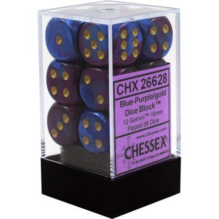 D6 -- 16MM GEMINI DICE, BLUE-PURPLE/GOLD; 12CT