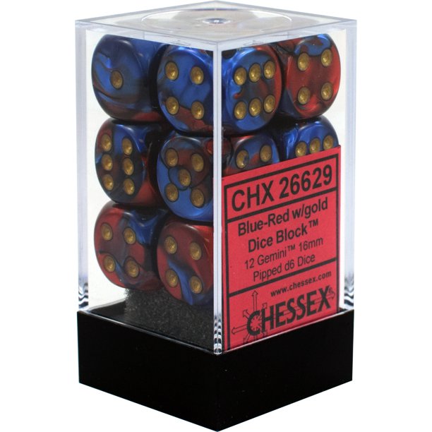 D6 -- 16MM GEMINI DICE, BLUE-RED/GOLD; 12CT