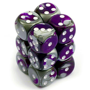 D6 -- 16MM GEMINI DICE, PURPLE-STEEL/WHITE; 12CT