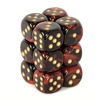 D6 -- 16MM GEMINI DICE, BLACK-RED/GOLD; 12CT