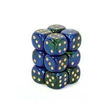 D6 -- 16MM GEMINI DICE, BLUE-GREEN/GOLD; 12CT