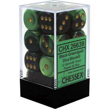 D6 -- 16MM GEMINI DICE, BLACK-GREEN/GOLD; 12CT