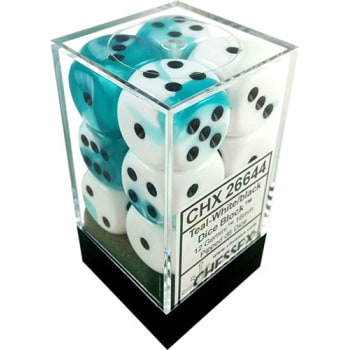 D6 -- 16MM GEMINI DICE, TEAL-WHITE/BLACK, 12CT