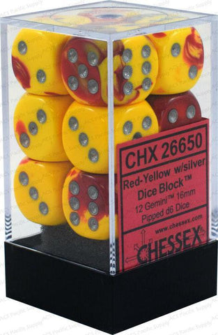 D6 -- 16MM GEMINI DICE, RED-YELLOW/SILVER; 12CT