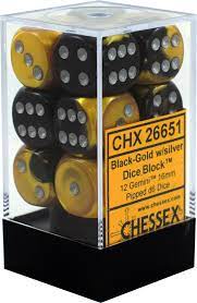 D6 -- 16MM GEMINI DICE BLACK-GOLD WITH SILVER; 12CT