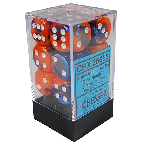 D6 -- 16MM GEMINI DICE, BLUE-ORANGE/WHITE; 12CT