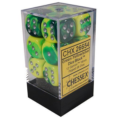 D6 -- 16MM GEMINI DICE, GREEN-YELLOW/SILVER; 12CT