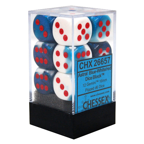D6 -- 16MM GEMINI DICE ASTRAL BLUE-WHITE/RED; 12CT